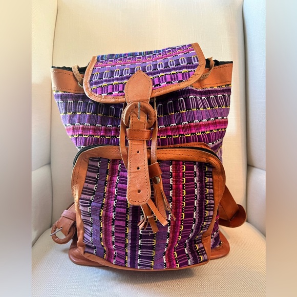 VTG Leather Mexican Blanket Backpack Boho Hippy Chic Purse Bag Tote Tapestry - Picture 6 of 8